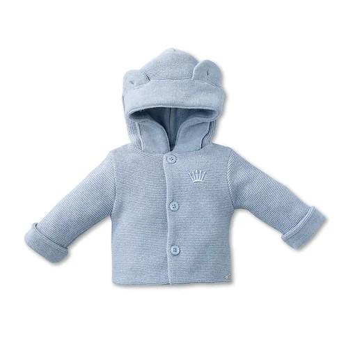 First - B knitted coat with hood teddy ears azzuro